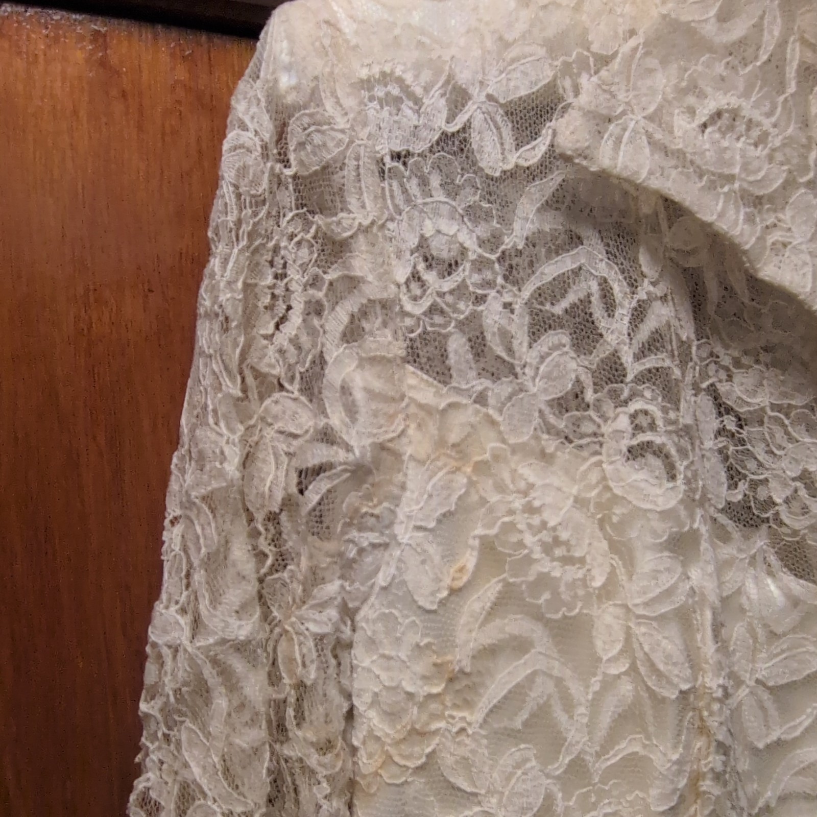 Vintage Ivory Lace Satin A-Line Wedding Dress Long Sleeve High Neck Button Back
