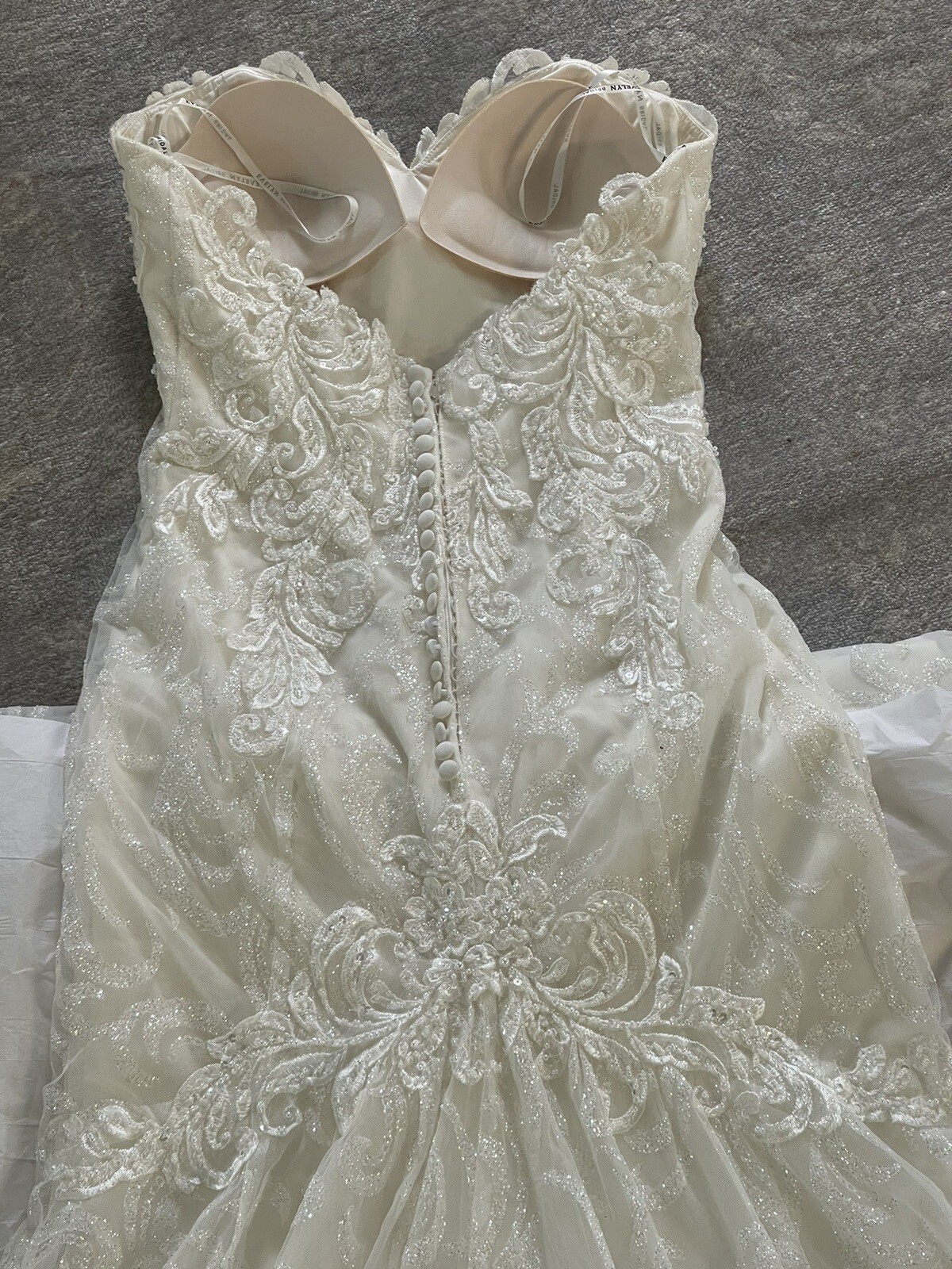Evelyn Bridal Annika S201363 strapless metallic sparkle lace sheath gown Train