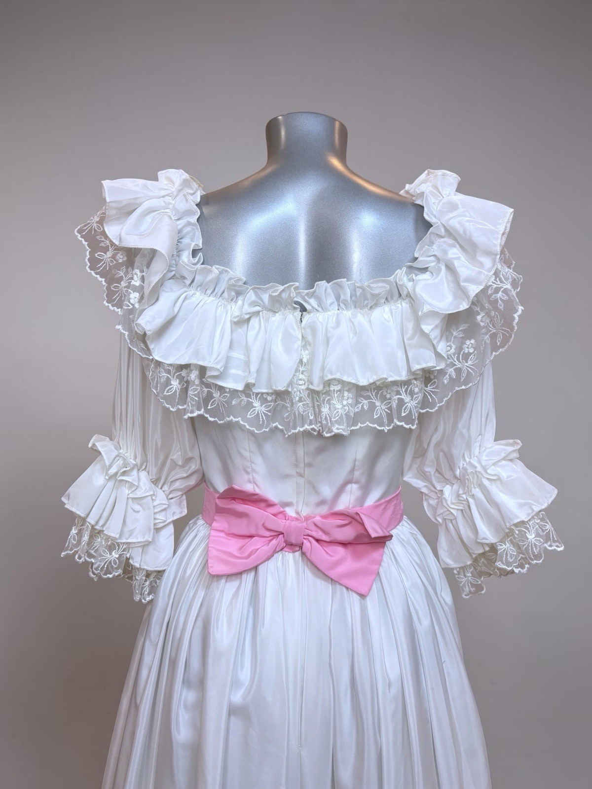 Victorian Vintage White Satin Wedding Dress Portrait Neck 3/4 Sleeve + Pink Bow