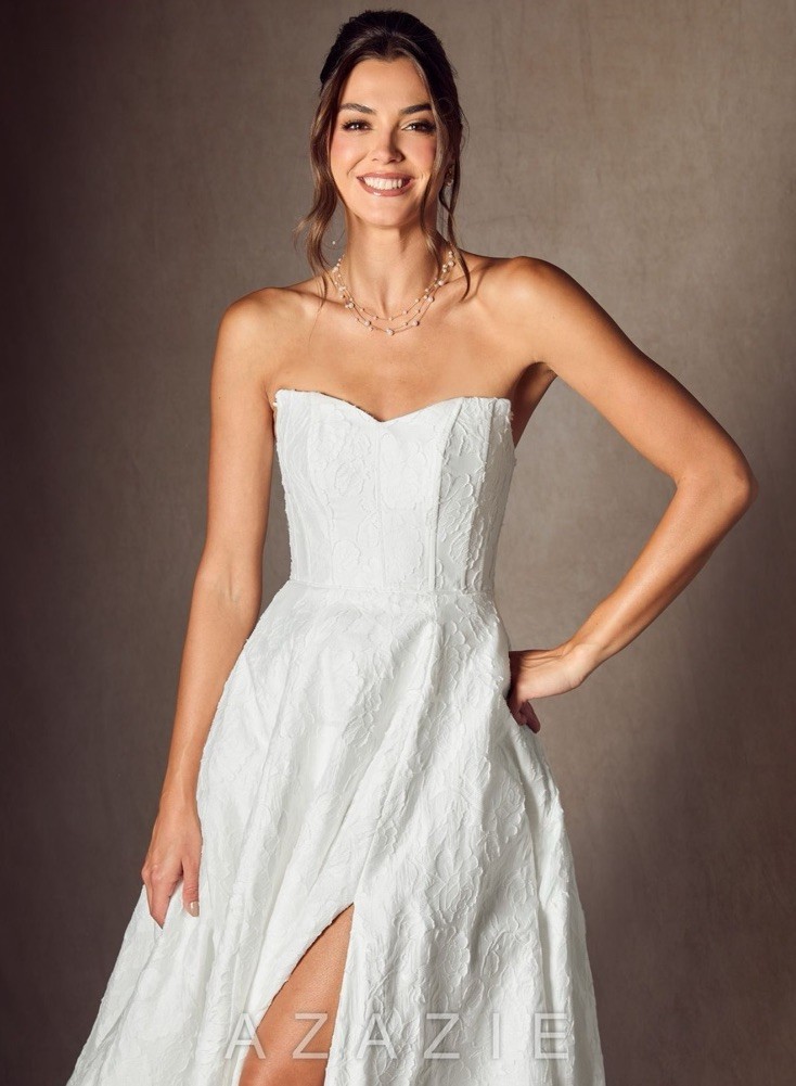AZAZIE White Off-Shoulder Sweetheart A-Line Jacquard Train Corset Back
