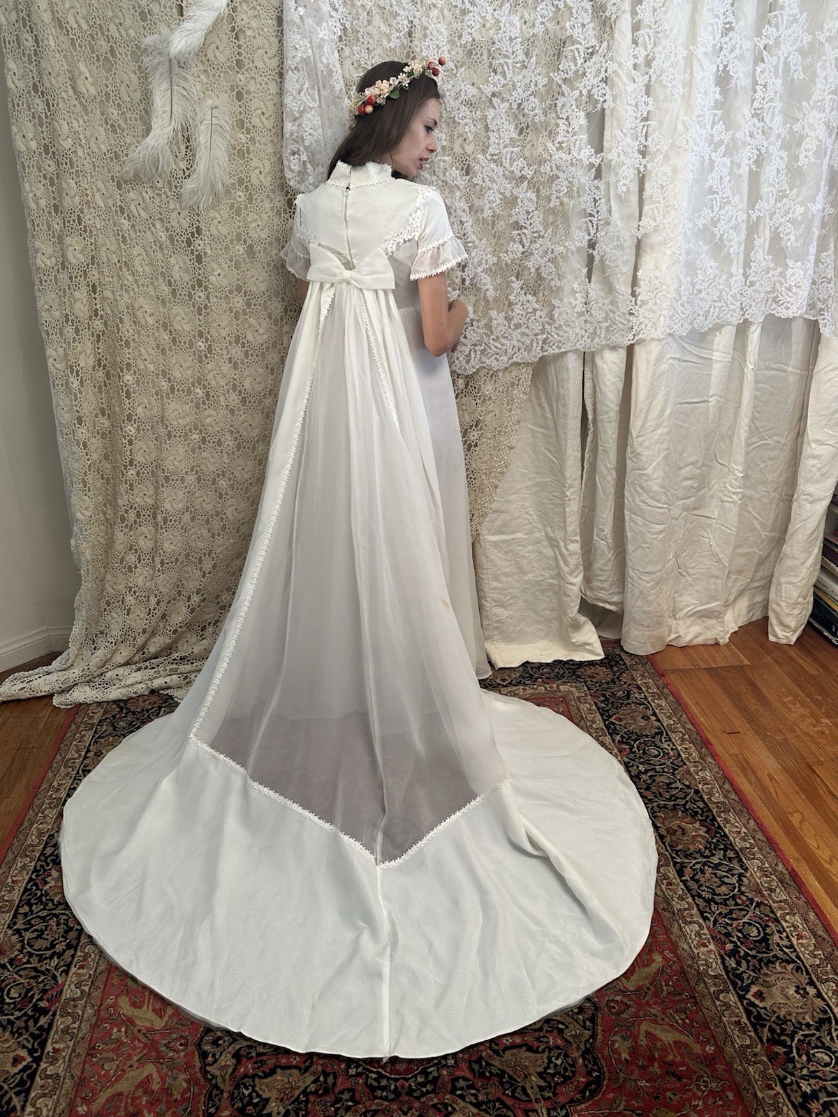 Vintage 1960s Restored White Lace High Neck Short Sleeve A-Line Wedding Dress