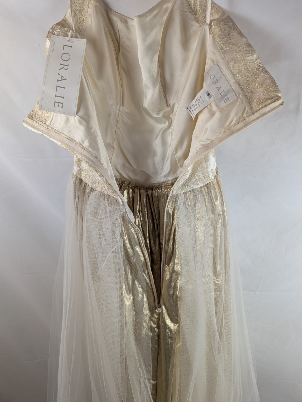 Loralie Ivory Gold Jacquard Halter Wedding Gown 40s 50s Era Layered Tulle Size 8