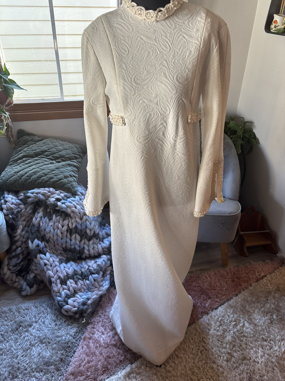 Vintage MCM 1960s Ivory Jacquard Wedding Dress bridal beaded Lace bell sleeves