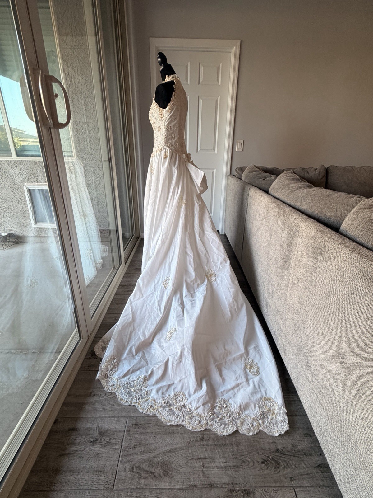 S.L. Fashions White Gold Beaded Embroidered Halter A-Line Wedding Dress Size