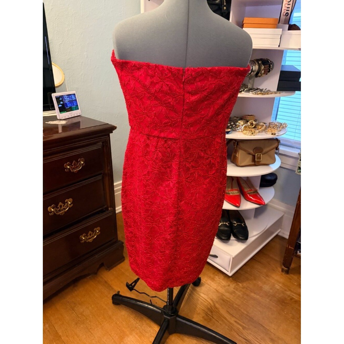Red Lace Strapless Cocktail Wedding Guest Dress Rhinestone V Neck Juniors 13