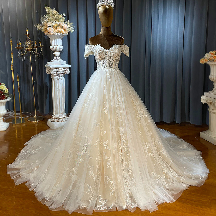 Ball Gown Wedding Dresses Off The Shoulder Lace Applique Bridal Gown Custom Size