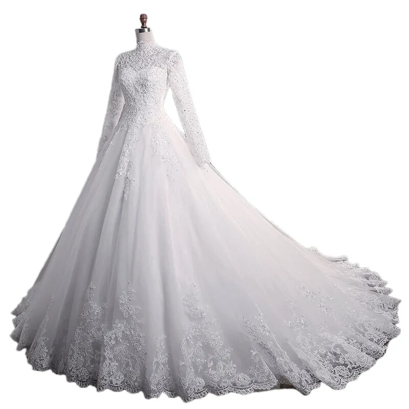 Muslim Wedding Dress Long Sleeves Elegant High Neck Luxury Lace Embroidery Gown