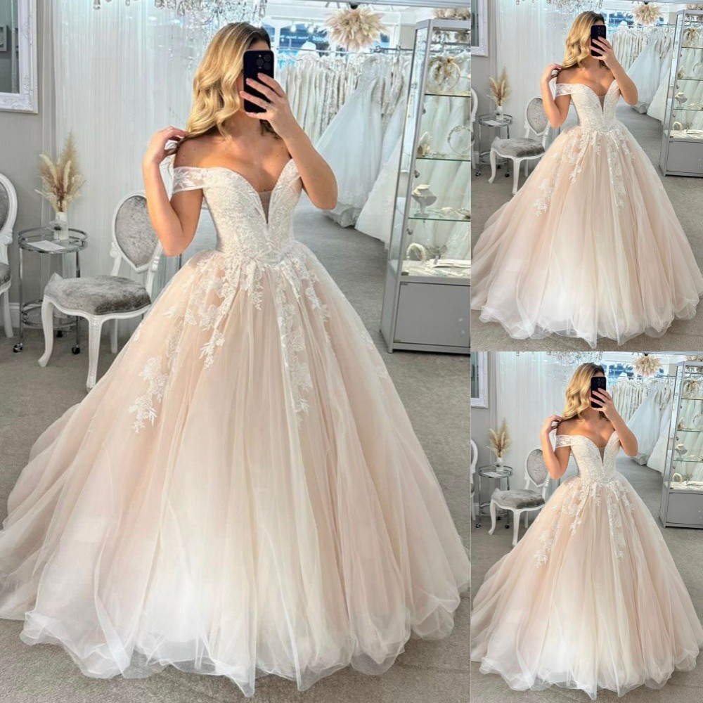 Blush Pink Wedding Dresses Off The Shoulder Lace Appliques Elegant Bridal Gowns