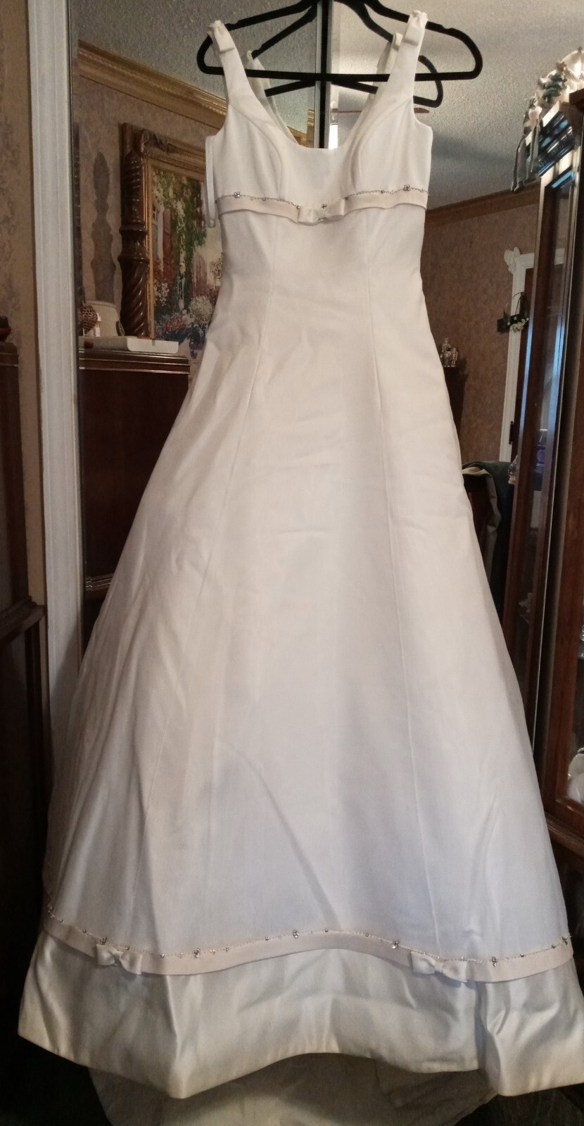 Elegant Wedding Dress,Beige & Ivory, Matte Satin W Tull W Train.Bow tie. Size 8.