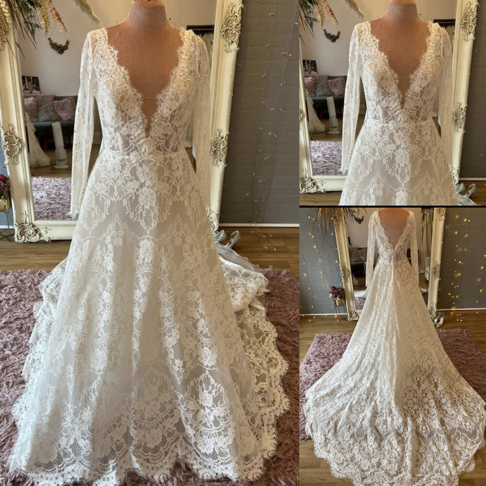 Vintage Full Lace Wedding Dresses V-Neck Long Sleeve Lace Appliques Bridal Gowns