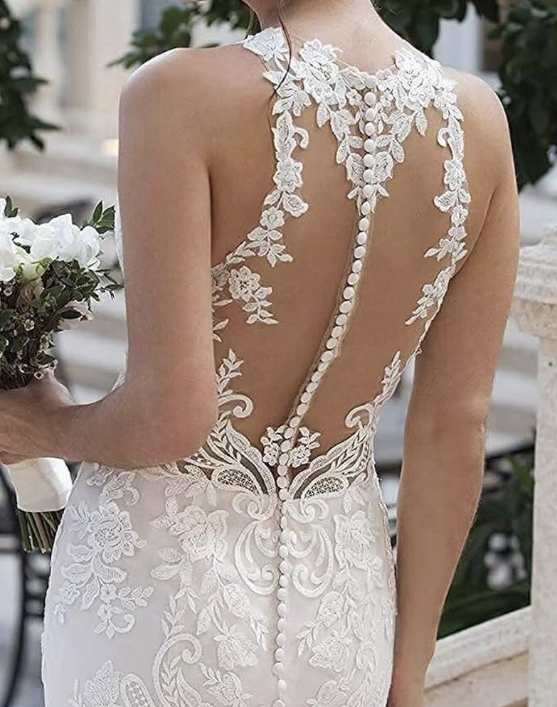 Bridal Wedding Gown Ivory Lace Halter Mermaid Dress Size 12 Button Detail Train