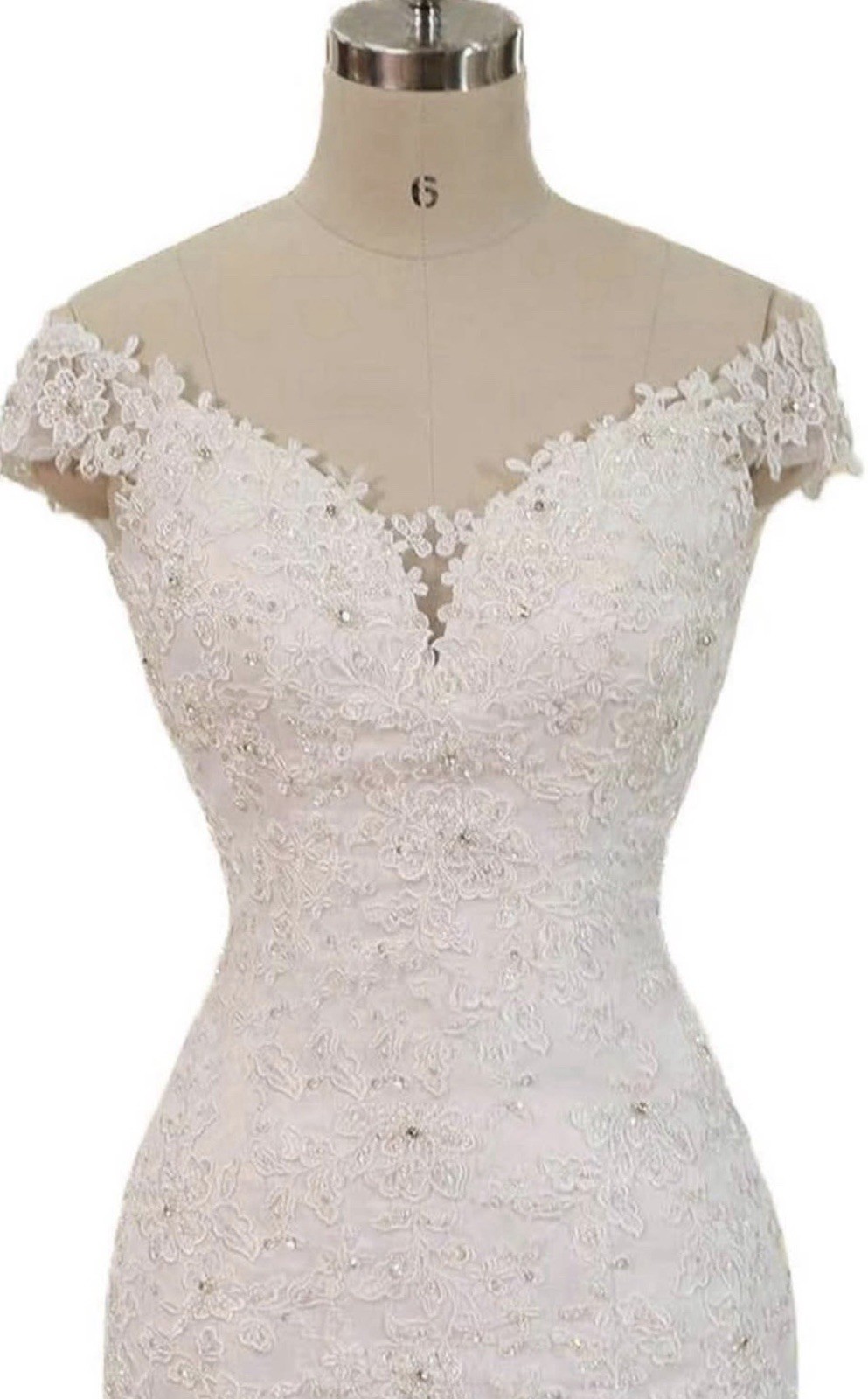 White Lace Mermaid Wedding Dress Off-Shoulder Cap Sleeve Train Beading Buttons