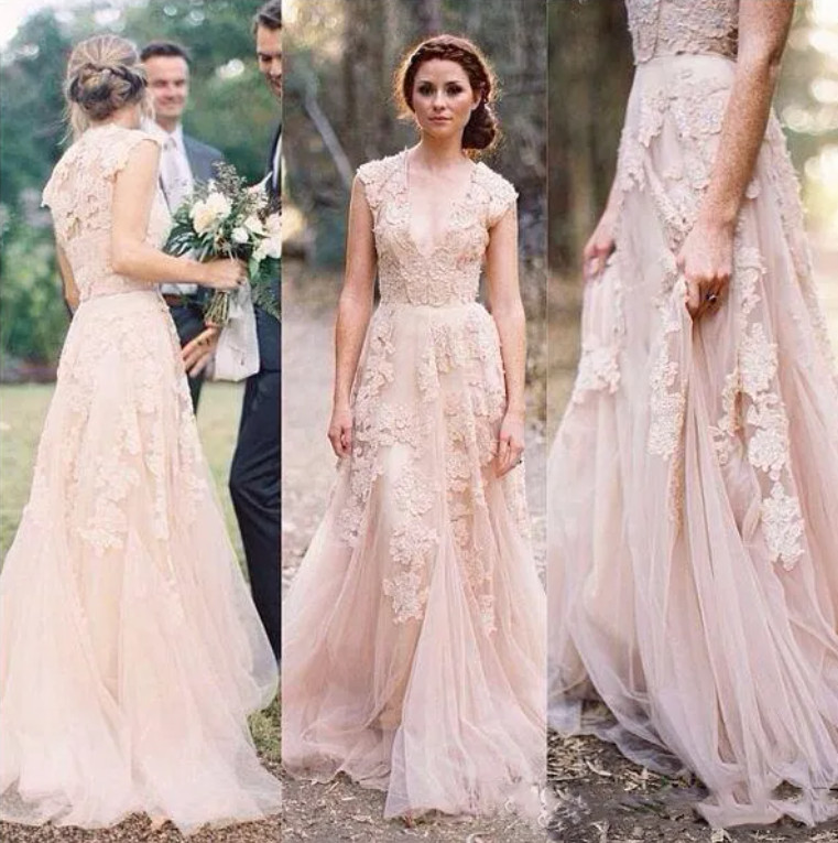 Boho Blush Pink Delicate Lace A Line Wedding Dress Deep V Neck Romantic Reem
