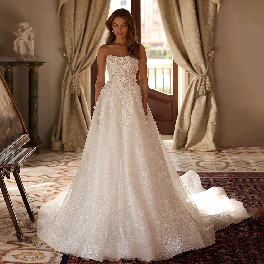 Strapless 3D Floral Glitter Tulle Wedding Ballgown With Pockets Bridal Dress