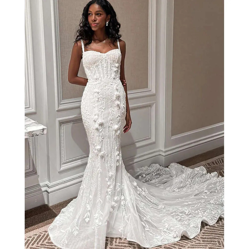 Luxury Mermaid Wedding Dresses Spaghetti Straps Detachable Train Bridal Gowns