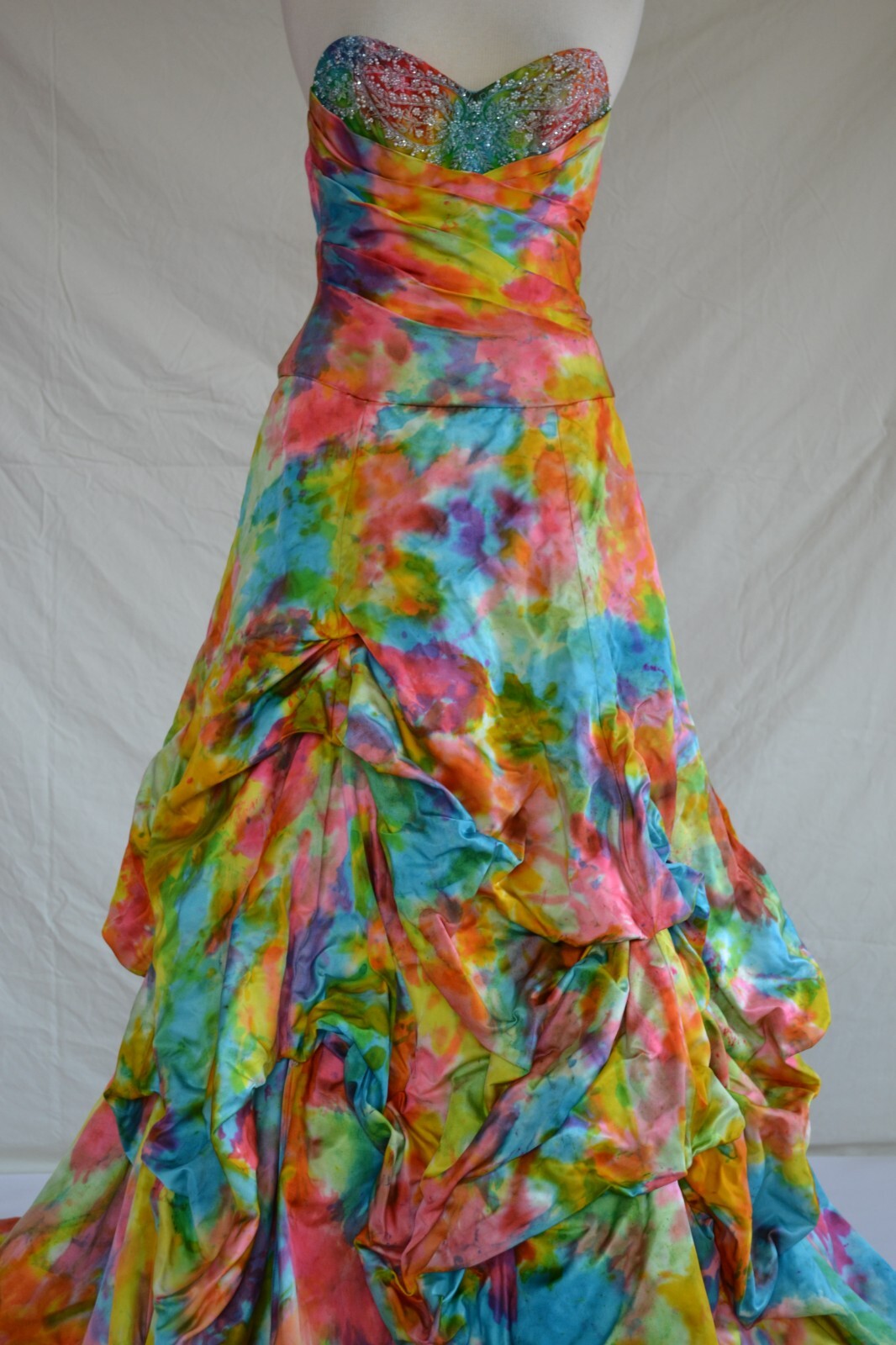 NEW silk Bohemian Wedding Dress destination beach Blue pink white tie dye gown M