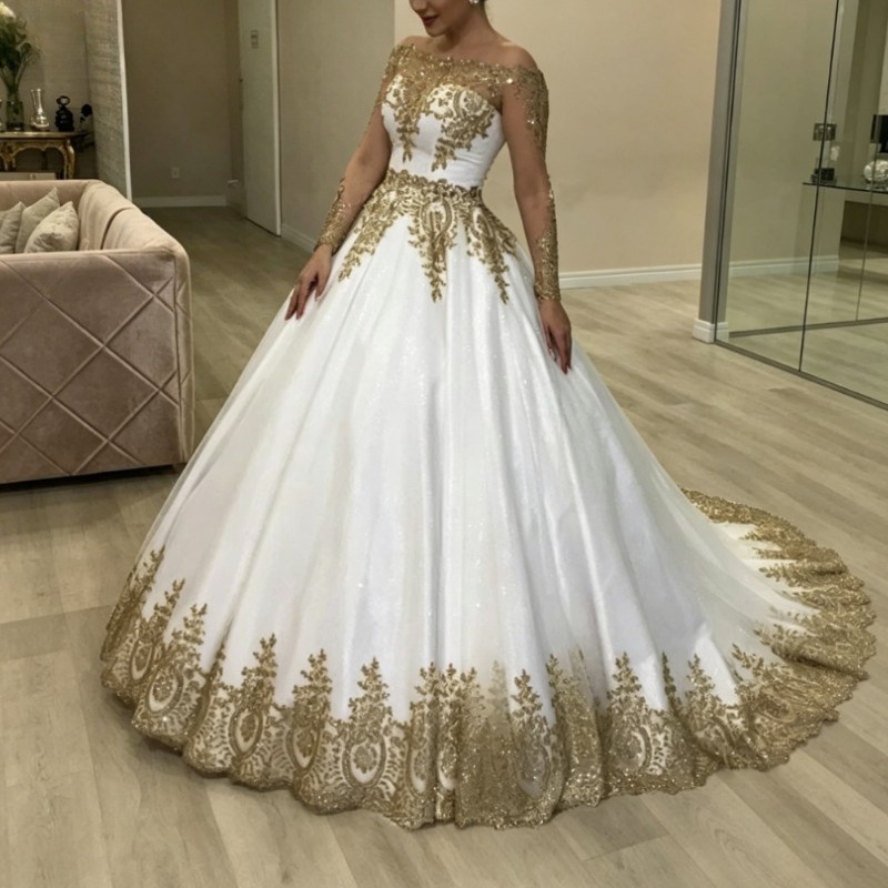 Gold Lace Luxury Wedding Dresses Ball Gown Off Shoulder Long Sleeves Bride Gowns