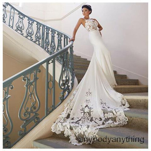 Spaghetti Strap Wedding Dresses Mermaid Train Bridal Gown Lace Satin White Ivory