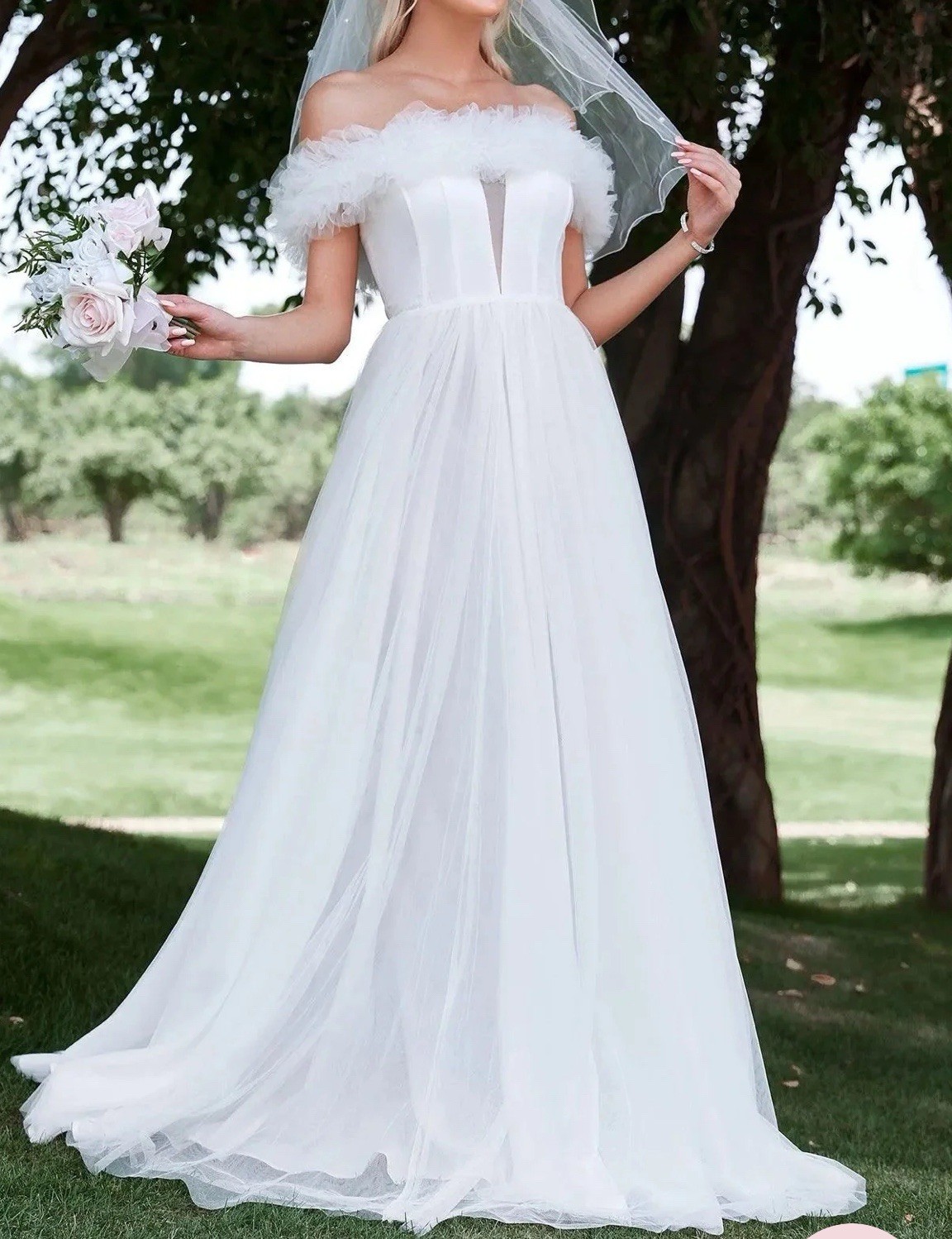 Women’s Faeriesty Ruffle Trim Off Shoulder A Line Wedding Gown Dress XS NWT