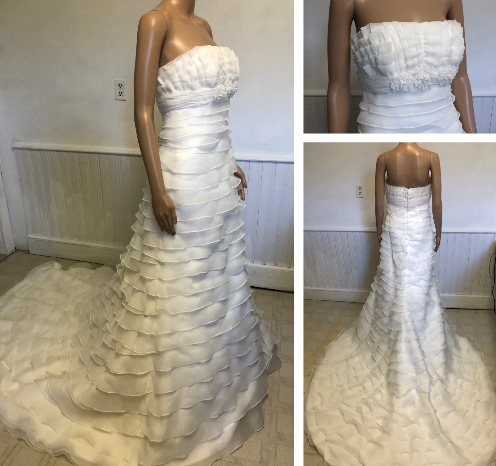 NEW Garza Paris Wedding Gown Sz 10 NWT Taffeta Ruffle Train Off White