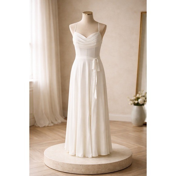 JJ’s House Ivory Chiffon Maxi Wedding Dress NWT Size 10 Cowl Neck A-Line Formal