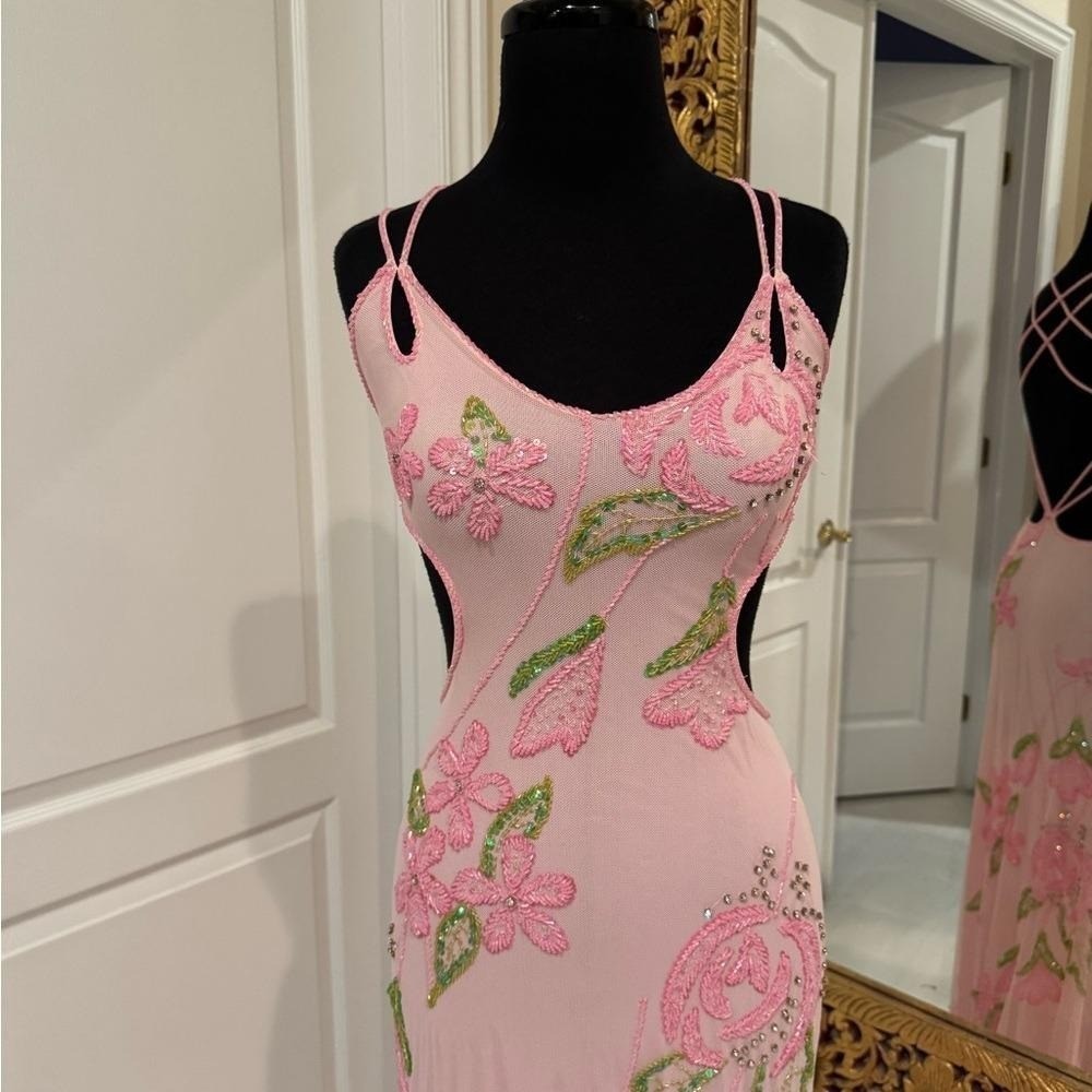 Elegant Pink Floral hand beaded Attitudes by Debra formal gown