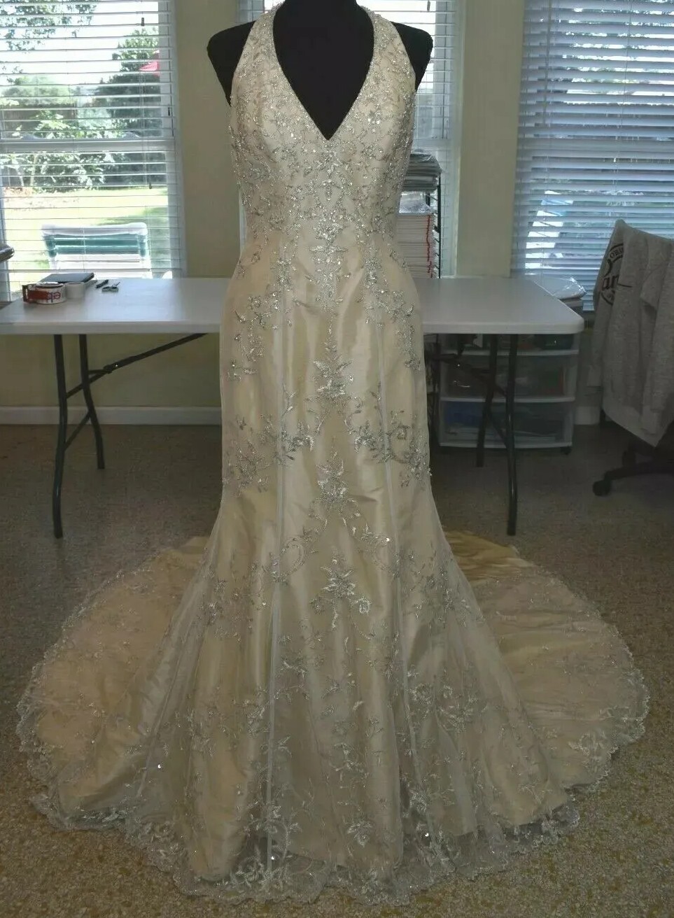 Mari Lee By Madeline Gardner Wedding Dress Size 8 Fits XS Sequins Lace Train