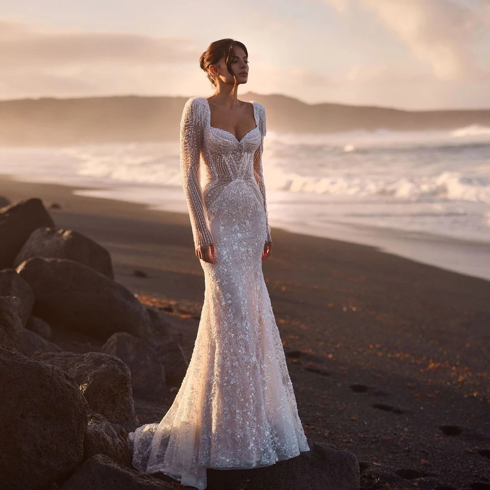 Mermaid Wedding Dress Square Neck Long Sleeve Beading Lace Appliques Bridal Gown