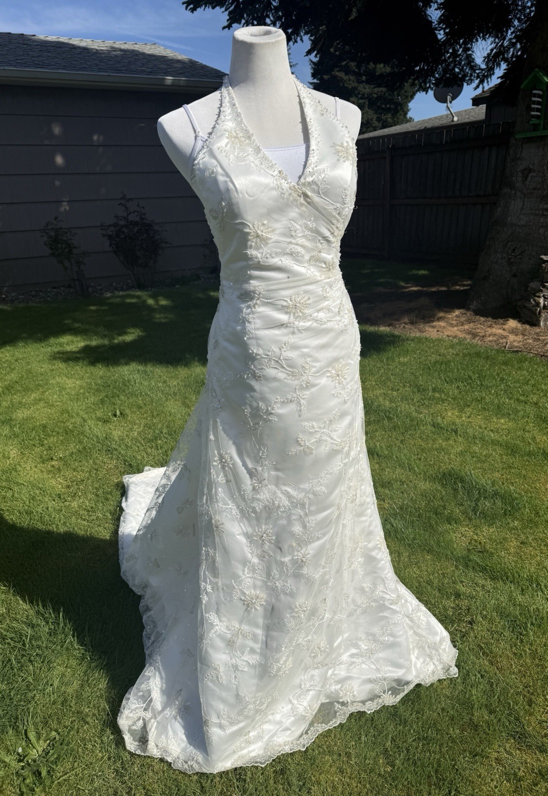 Maggie Sottero Wedding Gown Sz 10 Beaded White Floral Lace Train Halter Neck