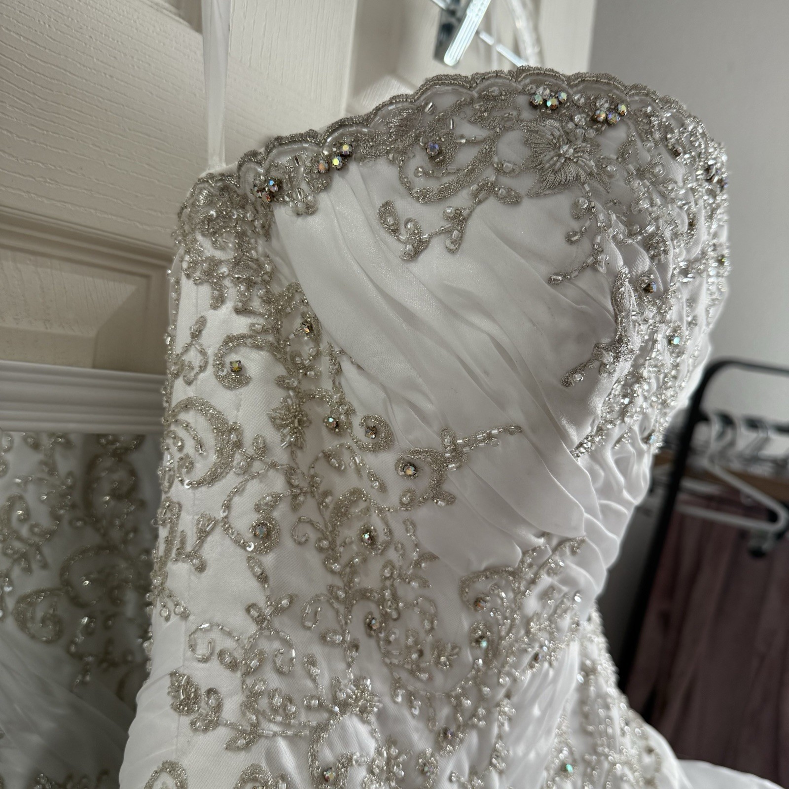 Allure Bridal Strapless Sweetheart Wedding Dress Chapel Train Satin Organza 8326