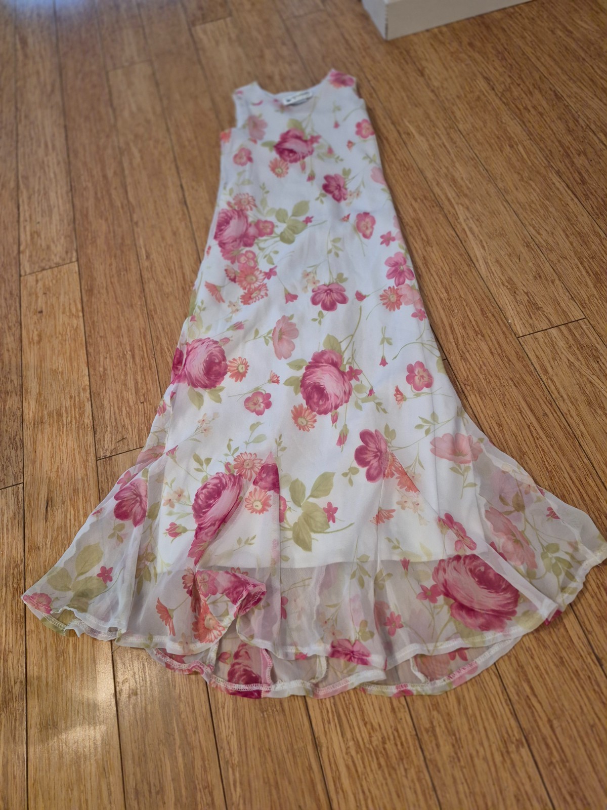 My Michelle Girl Vintage Formal Gown With Pink Floral Print Sheer Overlay