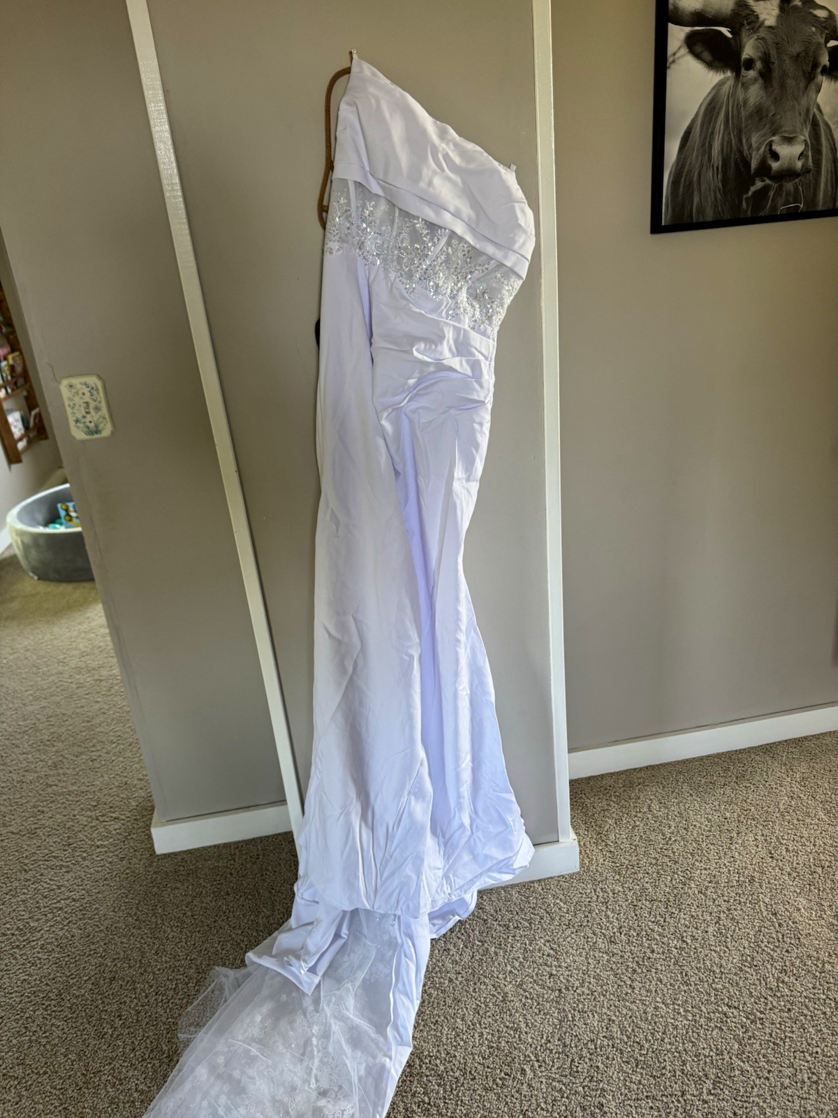 White Strapless Mermaid Wedding Dress w/ Lace Beading Sequins Train Buttons