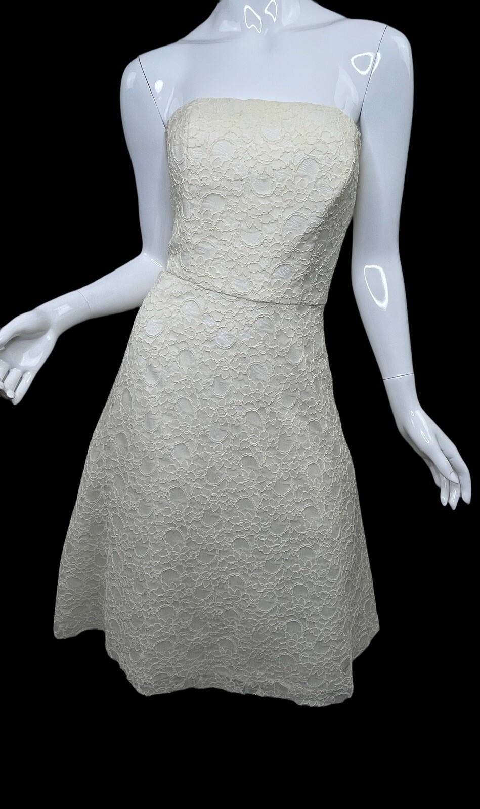 Bari Jay Sz 6 Tea Length Ivory Wedding Dress Strapless Tulle Retro Fit and Flare