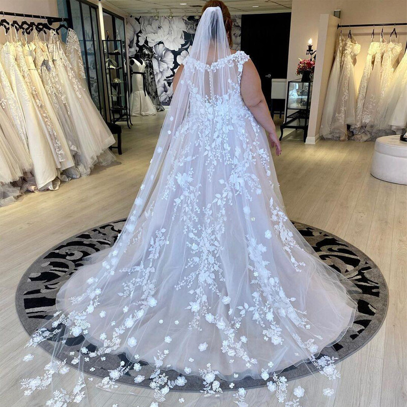 Plus Size Wedding Dresses Wide Strap Lace Applique Sleeveless V-Neck Bridal Gown