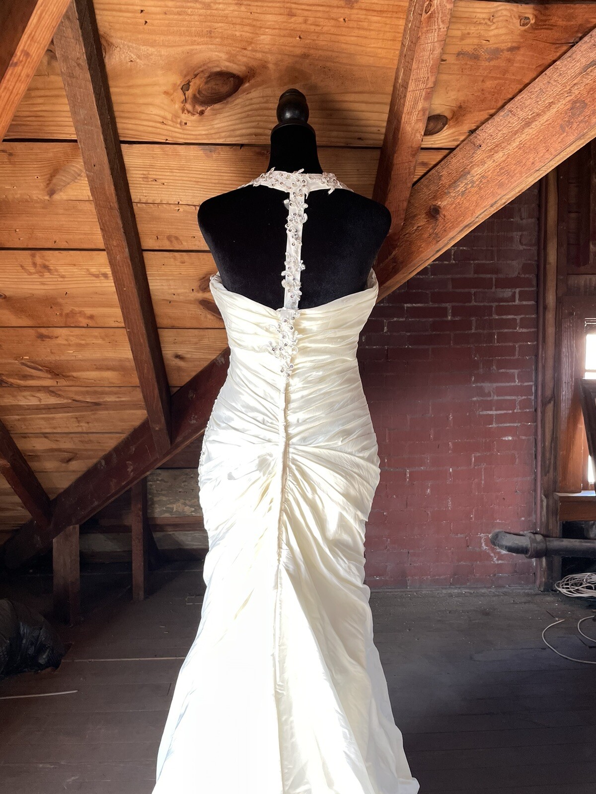 Off White or champaine color roush dress with lace straps and t shape back