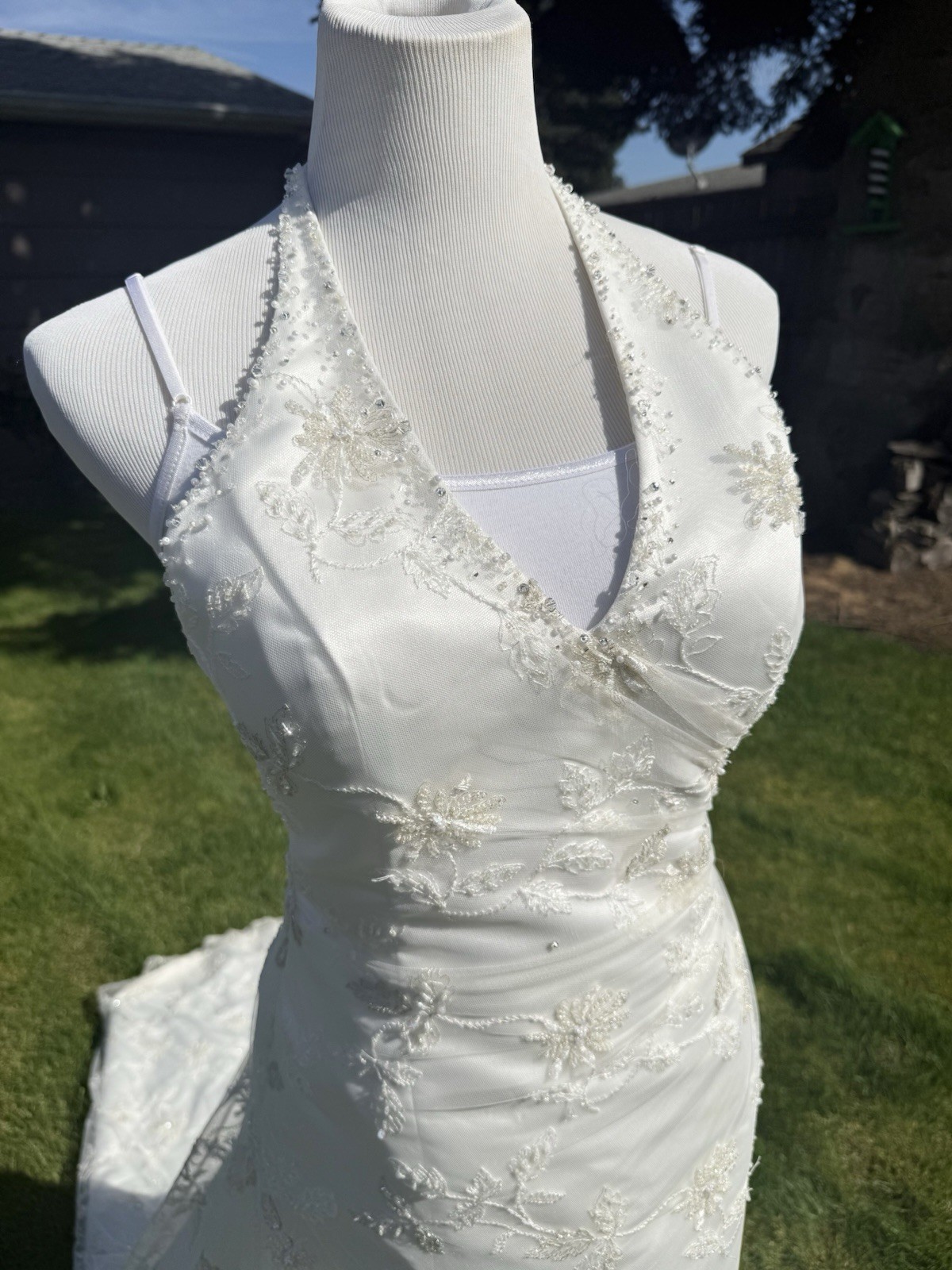 Maggie Sottero Wedding Gown Sz 10 Beaded White Floral Lace Train Halter Neck