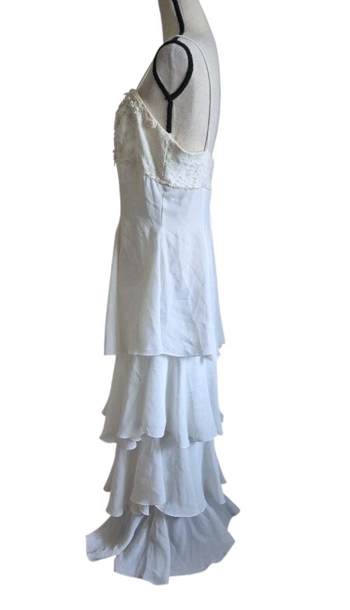 Vintage 80s 90s Jessica McClintock Dress Gown Tiered Lace Pearls Bridal Sz 14
