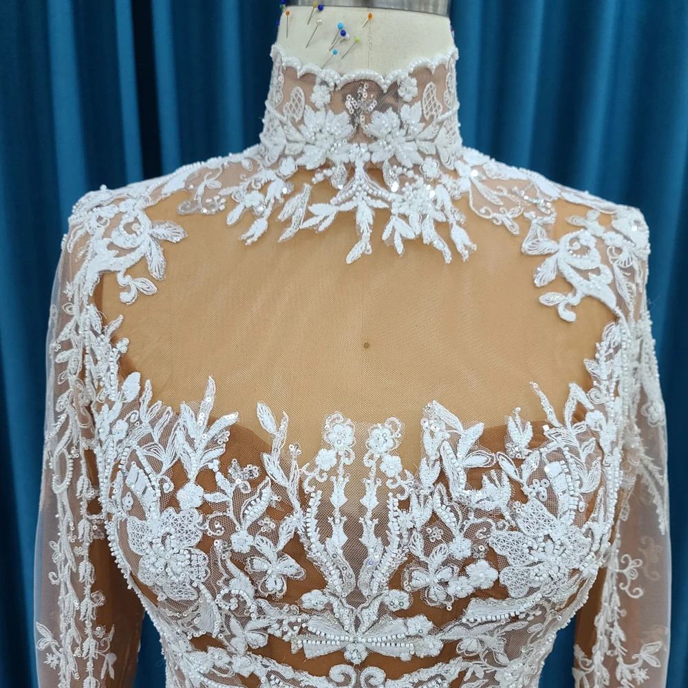 Modern Retro Long Sleeved High Neck Lace Fshtail Wedding Sequin Bead Embroidery