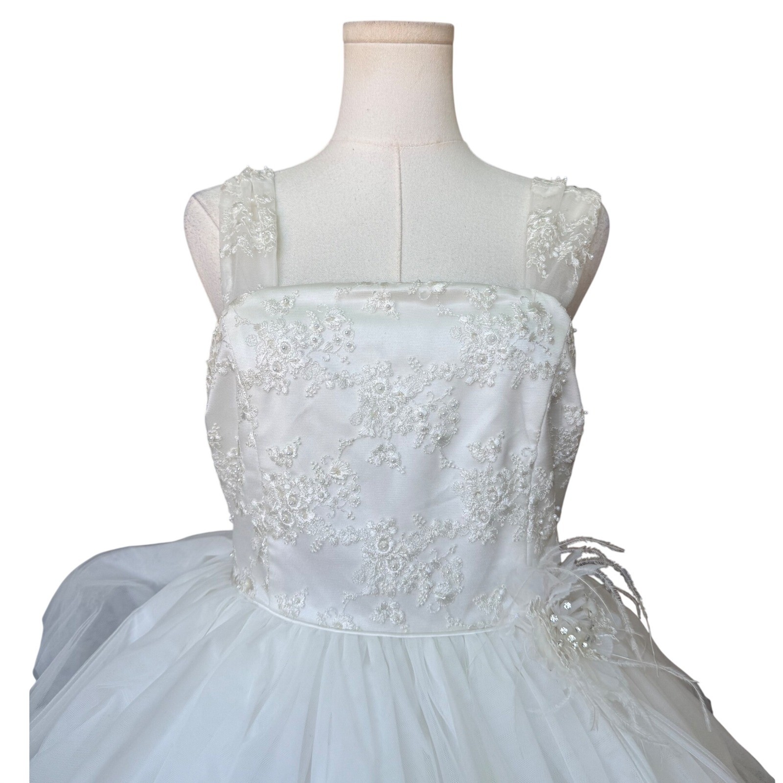 Vintage Tulle Beaded Tiered Ruffle A-Line Tea Length Wedding Dress Size 16 Bow