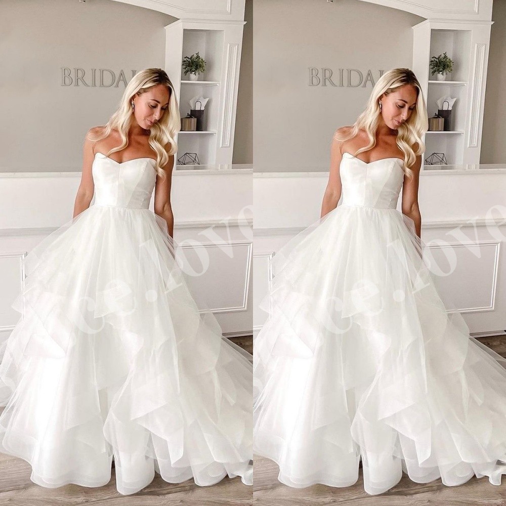 Simple Wedding Dresses Strapless Ruffles A Line Sweep Train Beach Bridal Gowns