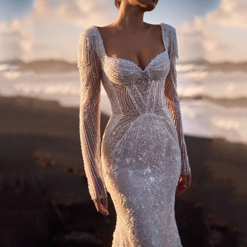 Mermaid Wedding Dress Square Neck Long Sleeve Beading Lace Appliques Bridal Gown