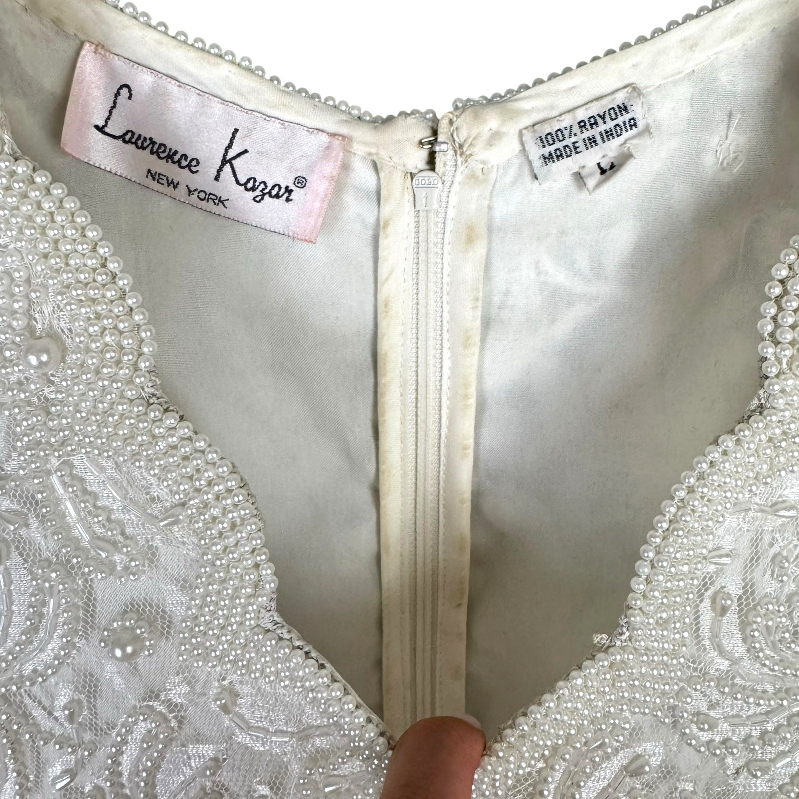 Vintage Laurence Kazar Sz 12 Full Length Pearl Beaded Lacy V Neck Wedding Dress