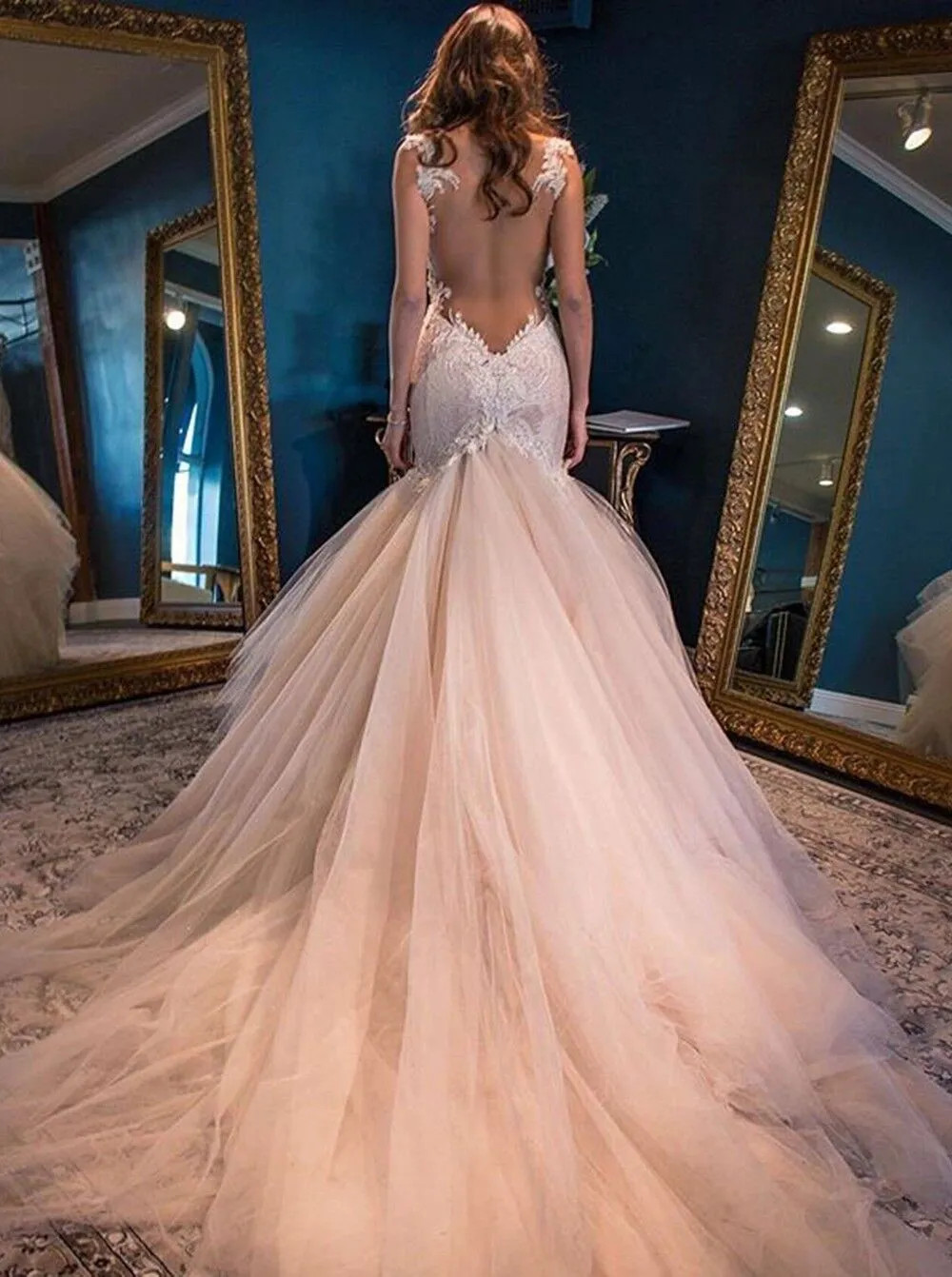 Vintage Blush Pink Mermaid Wedding Dresses Princess Backless Lace Tulle Boho