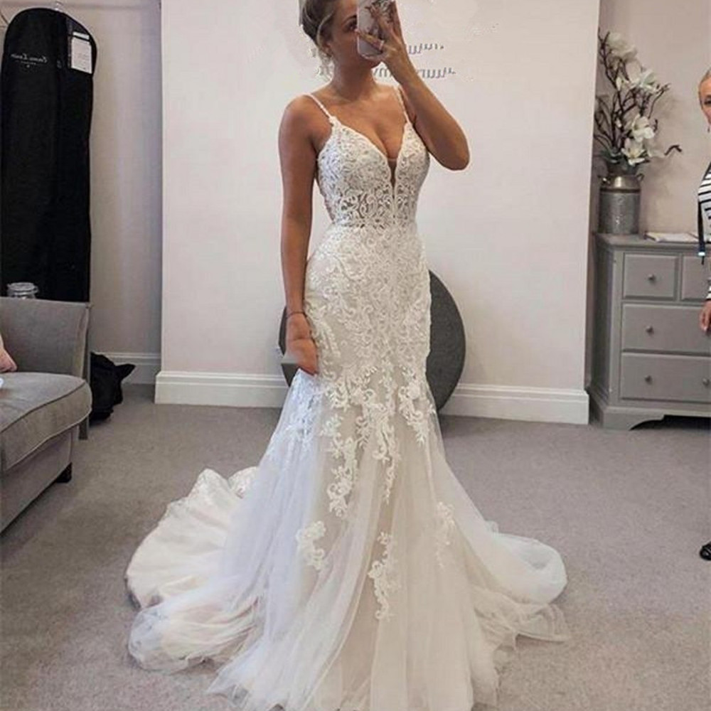 Beach Wedding Dresses Backless Sexy Mermaid Lace Spaghetti Straps Bridal Gowns