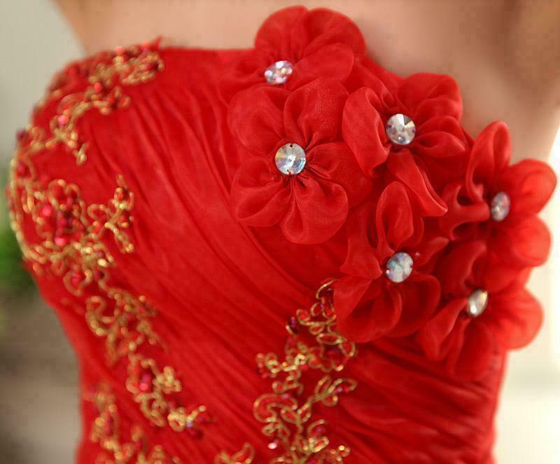 Lady Chic Floral Red Wedding Ball Gown Bride Frock Dress Strapless Elegant