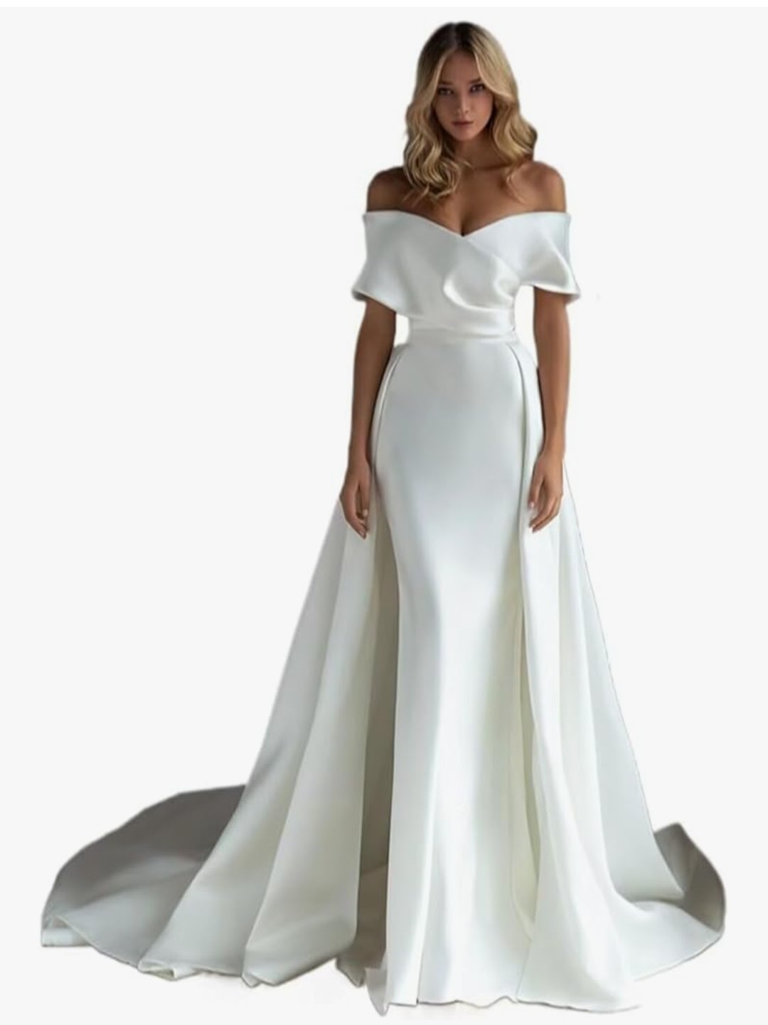 Off Shoulder Mermaid Wedding Dress Backless Pleats Sweep Train Satin Size 4