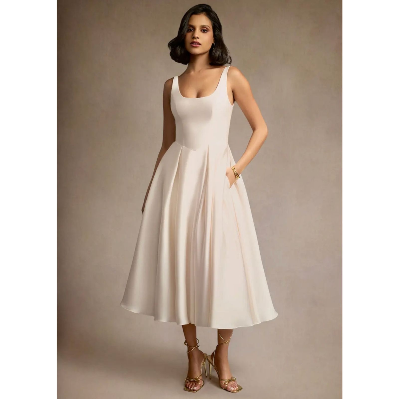 NWT Azazie Atelier Olivia Cream Pleated Midi Dress