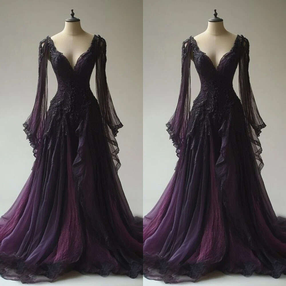 Gothic Wedding Dresses Long Sleeves V Neck Lace Appliques Ruffles Bridal Gowns