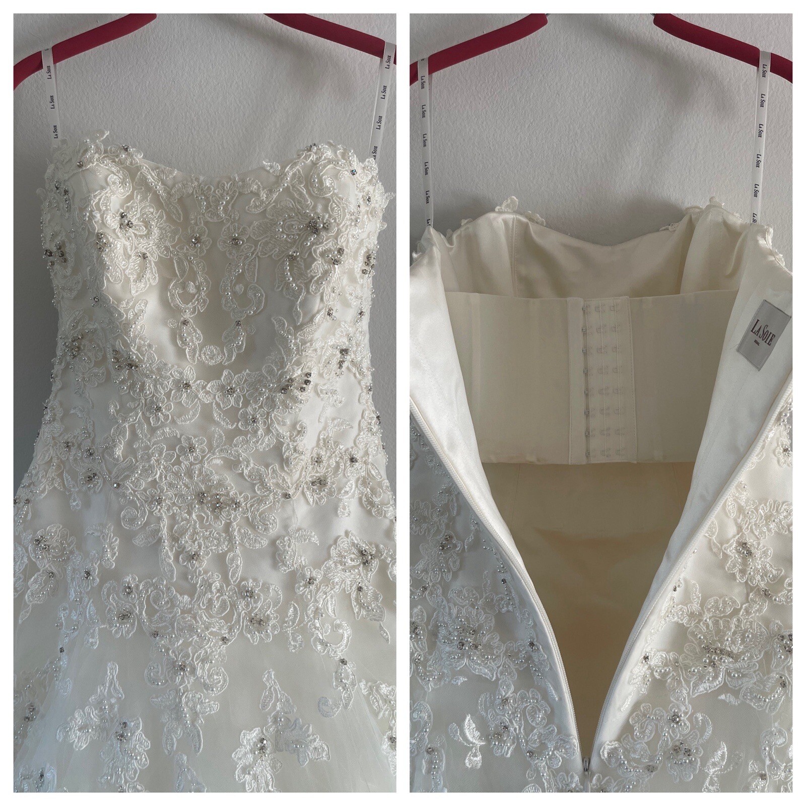 La Soie Bridal Wedding Gown White Tulle Ball Gown Strapless Crystals Beaded US 6