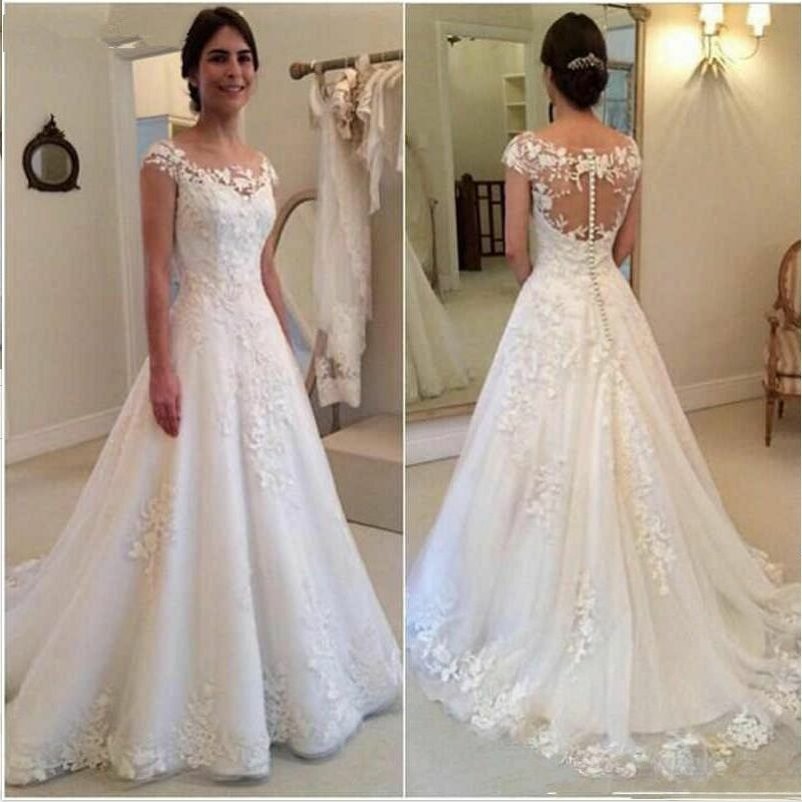 Off Shoulder Lace A Line Wedding Dresses Illusion Back Pearl Button Bridal Train